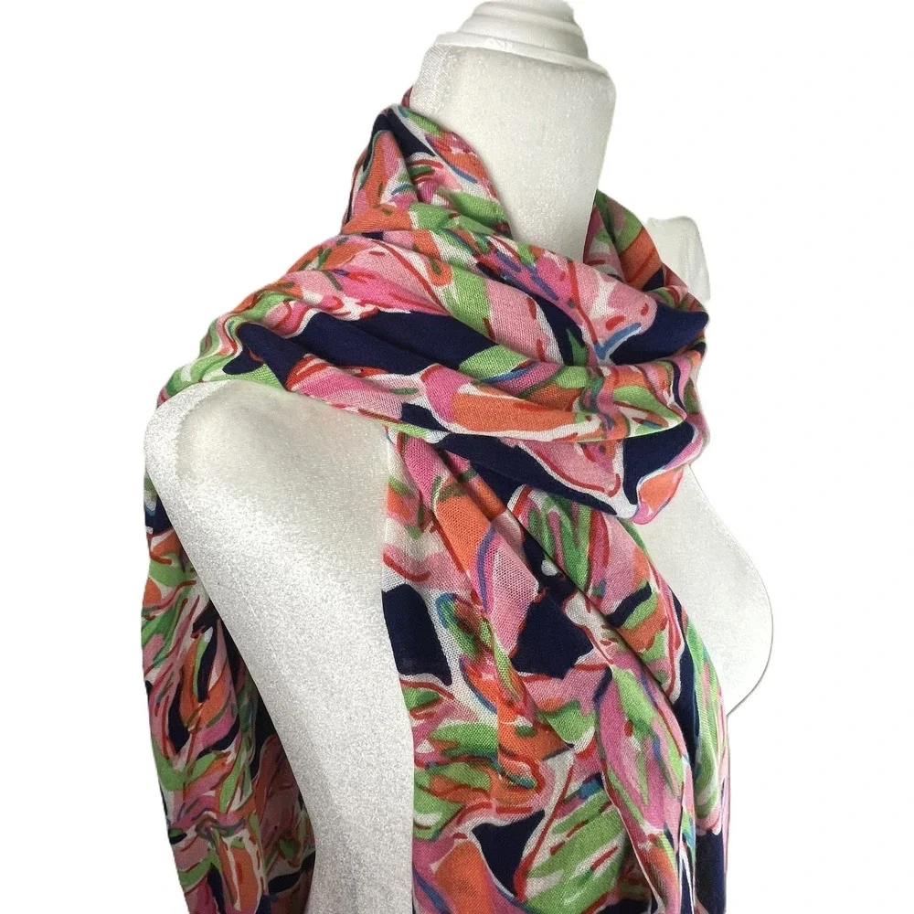 Lilly Pulitzer Murfee Scarf Tusk In Sun Pink Navy Blue Palm‎ Leaf Fringe 10126